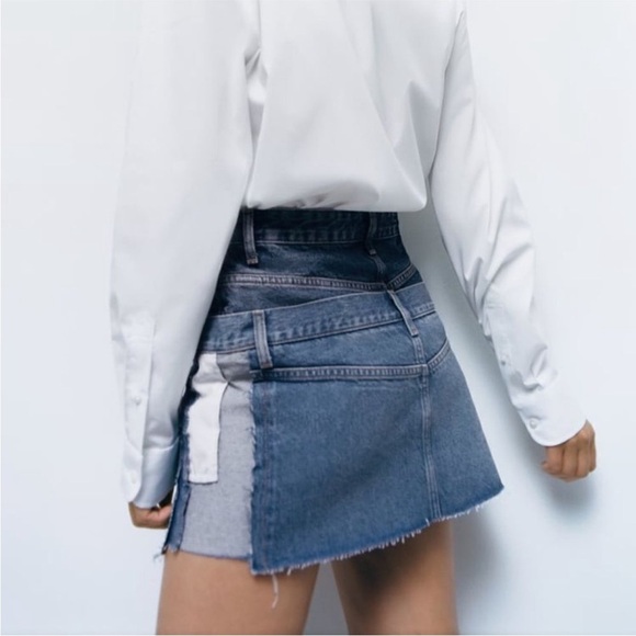 ZARA ZW Denim Mini Skirt Double Waisted Upcycled Ultra Mini Size Small - Picture 2 of 16